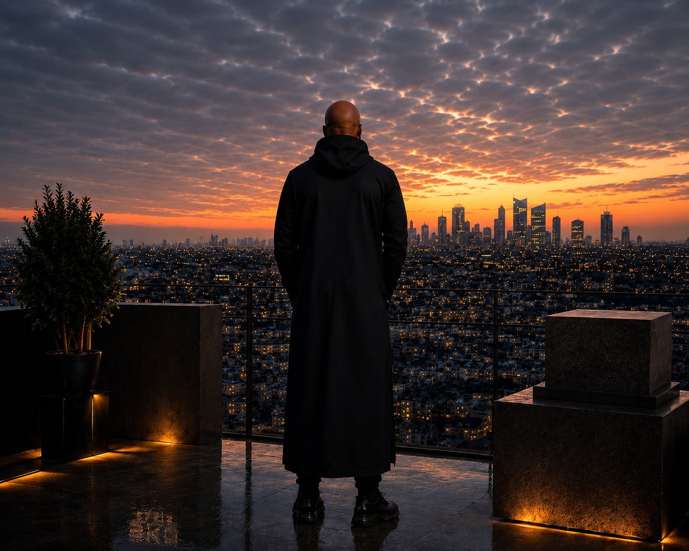 Homme de dos sur un rooftop face à un coucher de soleil urbain
